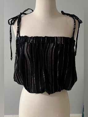 Black Striped Crop Tank Tie Strap Elastic Boho Top S